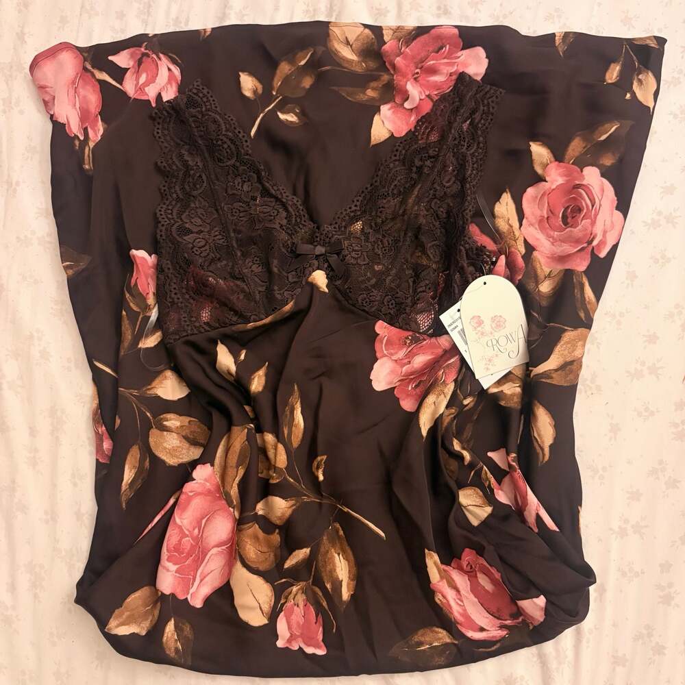 Rowa Floral Print Lace Trim Slip Dress